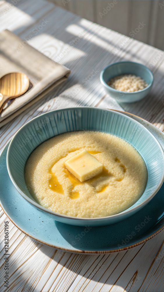 Creamy semolina porridge with butter on a blue plate, breakfast concept, food photography for blogs and menus