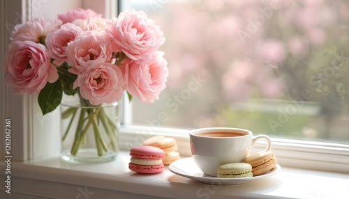Cup of coffee and macaroons on windowsill with spring flowers. Sweet almond cookies, hot beverage. Cozy morning with bouquet of pink roses in transparent vase. Home interior, delicious breakfast.