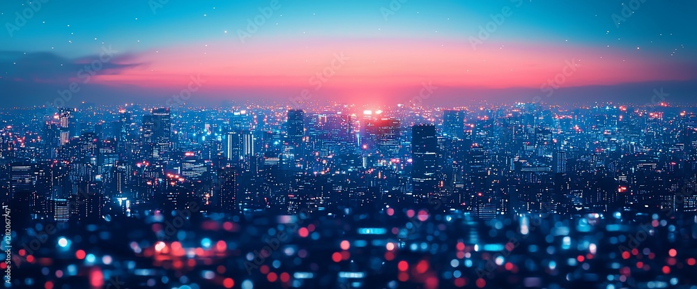 Fototapeta premium Cityscape at Dusk with Bokeh Lights