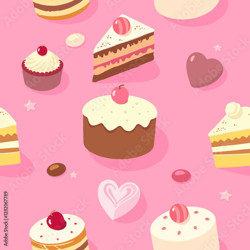 Seamless background of cakes, pastries and hearts