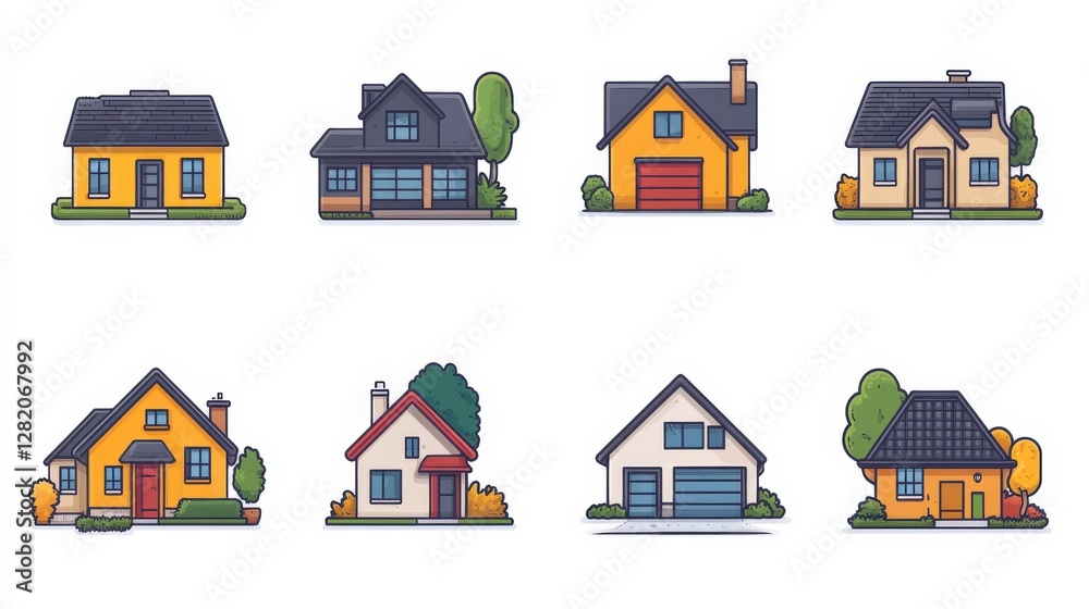 Fototapeta premium Colorful collection of illustrated houses showcasing various architectural styles and designs