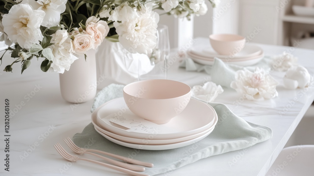 Elegant dining table setting with white floral , glassware, and a modern silver salt or pepper grinder. Elegant dining table setting with white floral , glassware, and a modern silver salt or pepper grinder.