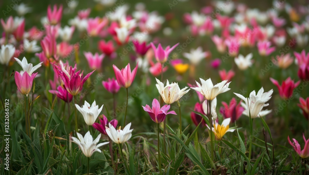 A Field Of Pink And White Tulips Blooming Beautifully A Field Of Pink And White Tulips Blooming Beautifully