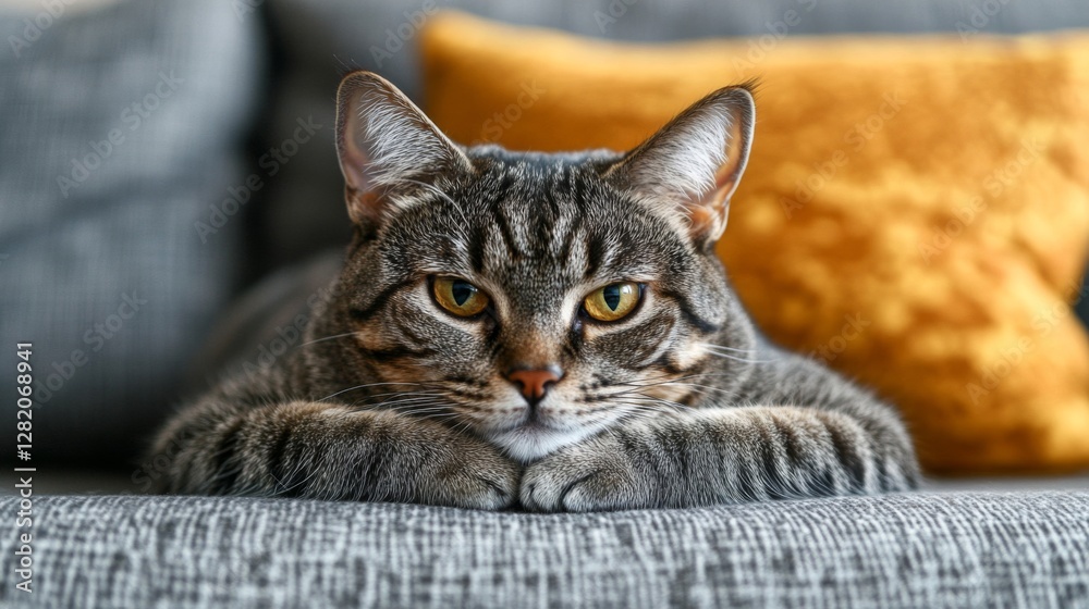 Serene Tabby Cat Resting on a Grey Sofa Serene Tabby Cat Resting on a Grey Sofa