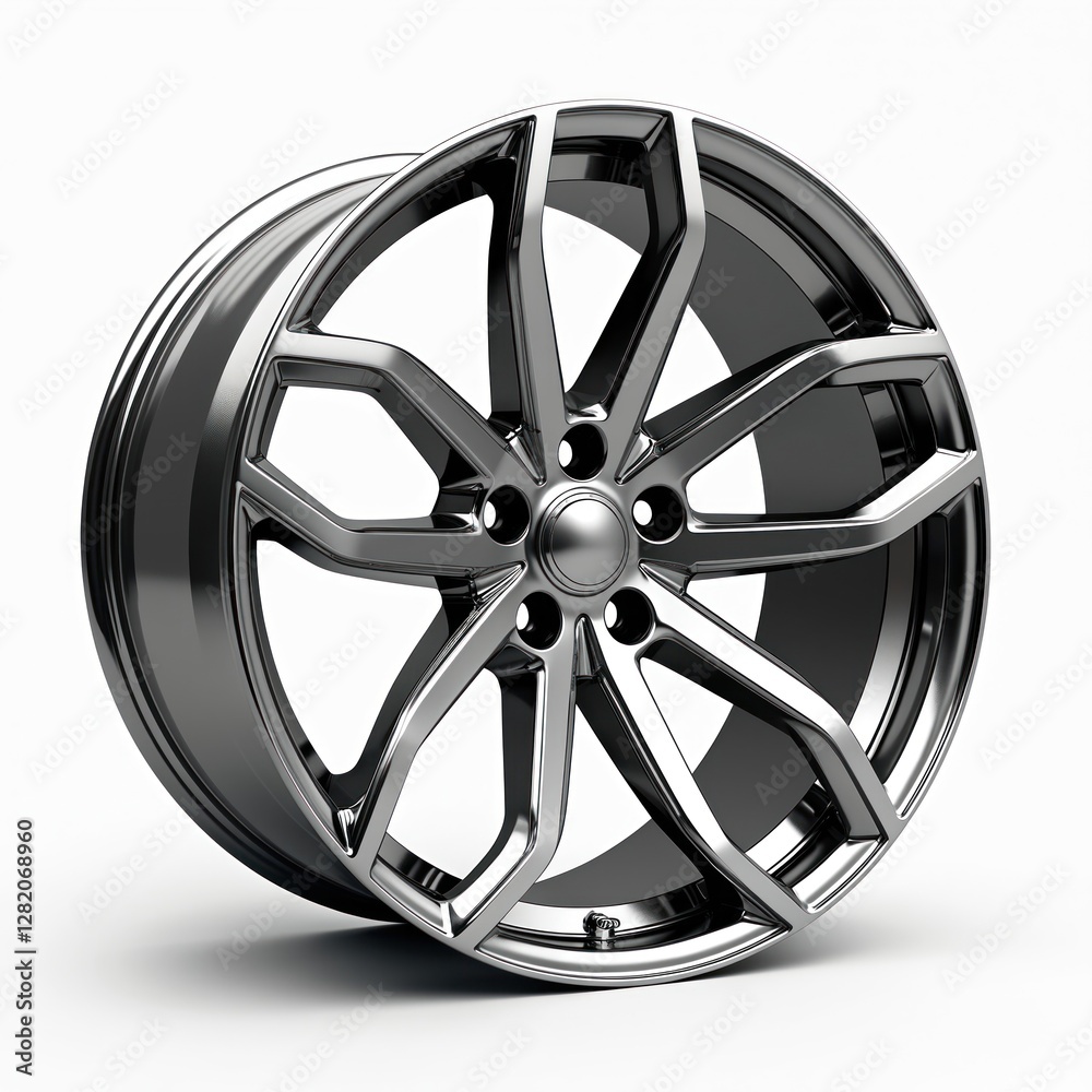Obraz premium Polished alloy car rim isolated on white background. Automotive wheel with intricate spoke design. Chrome details rim. Sleek style upgrade for vehicle. Perfect for car enthusiasts, design showcase