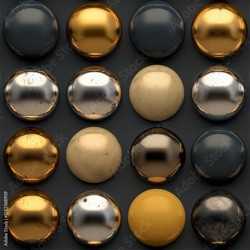 Seamless pattern of glossy metallic spheres in various colors, abstract texture, shiny reflective surface, modern design, repeating pattern of golden, silver, black, and chrome spheres