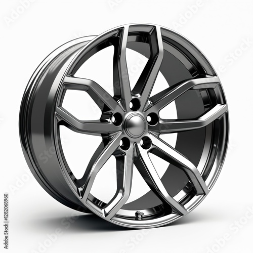 Polished alloy car rim isolated on white background. Automotive wheel with intricate spoke design. Chrome details rim. Sleek style upgrade for vehicle. Perfect for car enthusiasts, design showcase