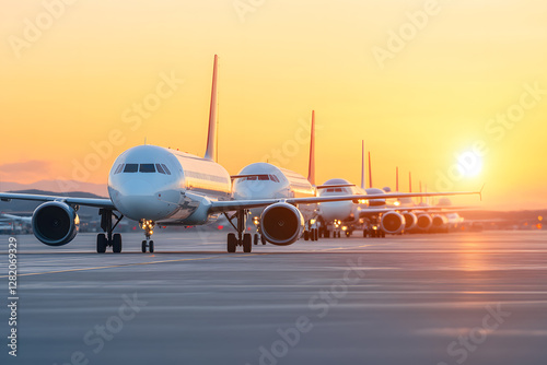 Airplanes line up on the tarmac at sunrise, ready for takeoff. The golden light illuminates the scene, creating a sense of anticipation.