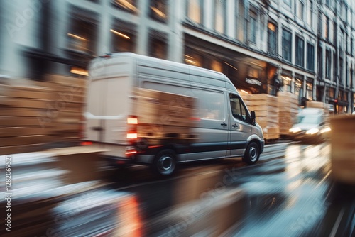 Busy street delivery activity with van unloading boxes in urban area. Generative AI photo