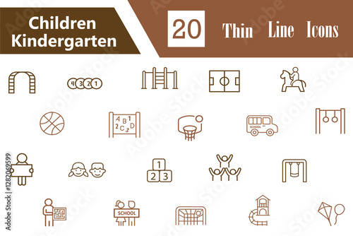 Children kindergarten line stroke editable icon set. Icons containing home schooling, e-learning, playground, science, and online learning etc. Vector illustration. Pictograms and infographics