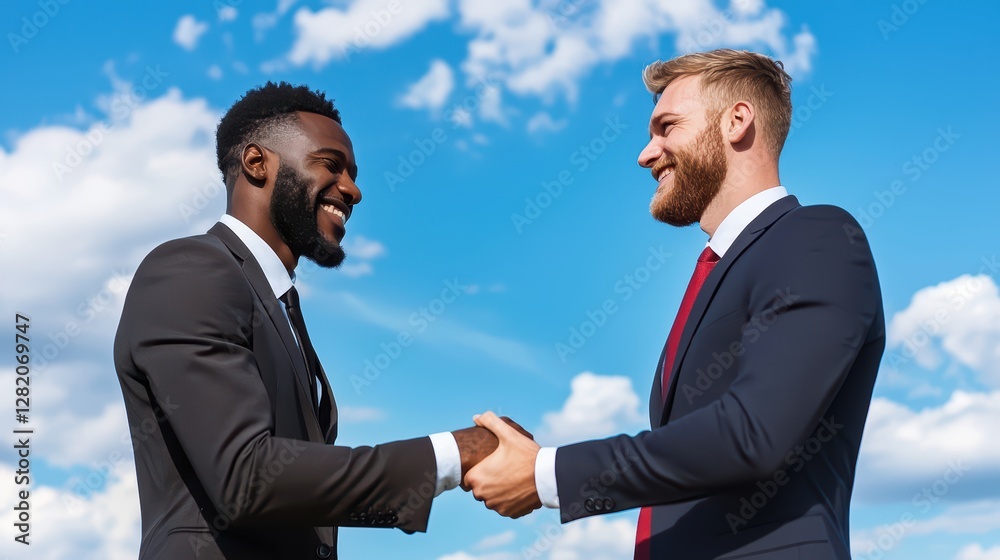 Two Business Executives Shaking Hands Under Clear Blue Sky Two Business Executives Shaking Hands Under Clear Blue Sky