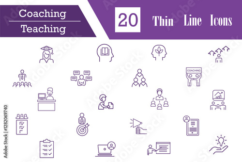 Coaching and teaching line editable icon set. Icons containing training, coaching, mentoring, education, meeting, conference, teamwork, skills, lector, advise, support, and other. Vector illustration