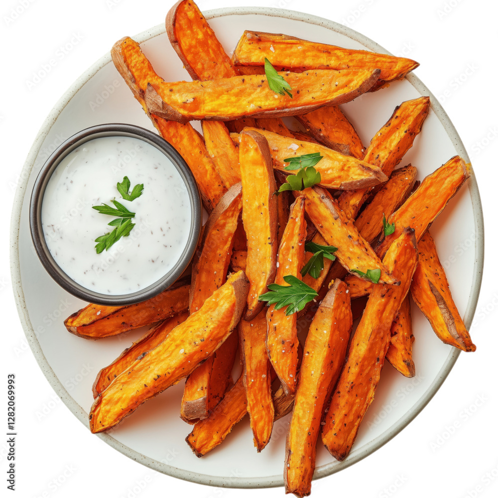 Golden sweet potato fries served on a rustic plate with a creamy dipping sauce. A delicious and healthy alternative to classic fries.