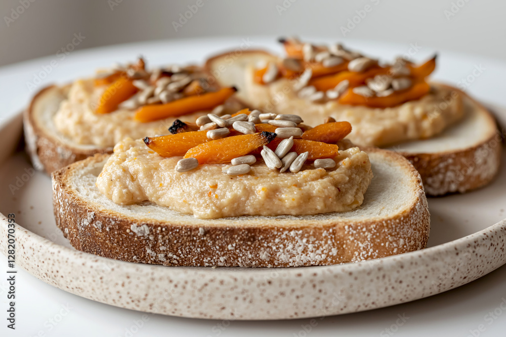 Delicious open faced sandwiches topped with Creamy hummus and sunflower seeds in a round beige neutral plate. Morning toast with sunflower and carrots hummus Delicious open faced sandwiches topped with Creamy hummus and sunflower seeds in a round beige neutral plate. Morning toast with sunflower and carrots hummus