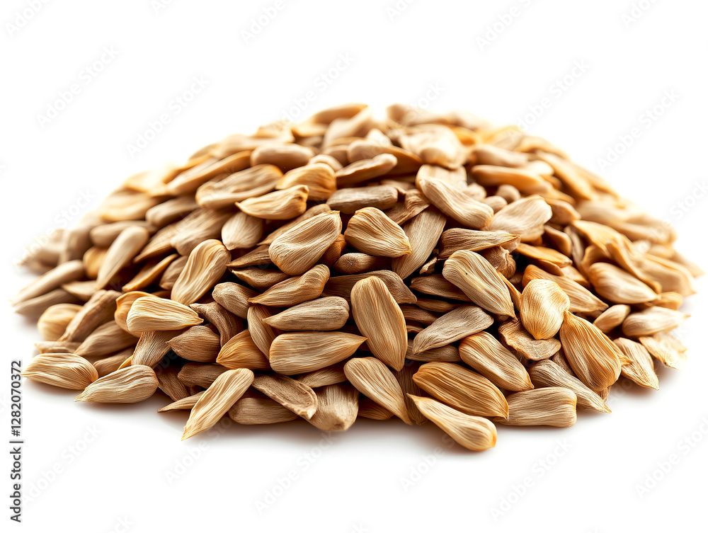 A large heap of dry sunflower seeds is displayed on a white background, showcasing their pale color and shape, perfect for healthy snacks or culinary uses in various recipes. A large heap of dry sunflower seeds is displayed on a white background, showcasing their pale color and shape, perfect for healthy snacks or culinary uses in various recipes.