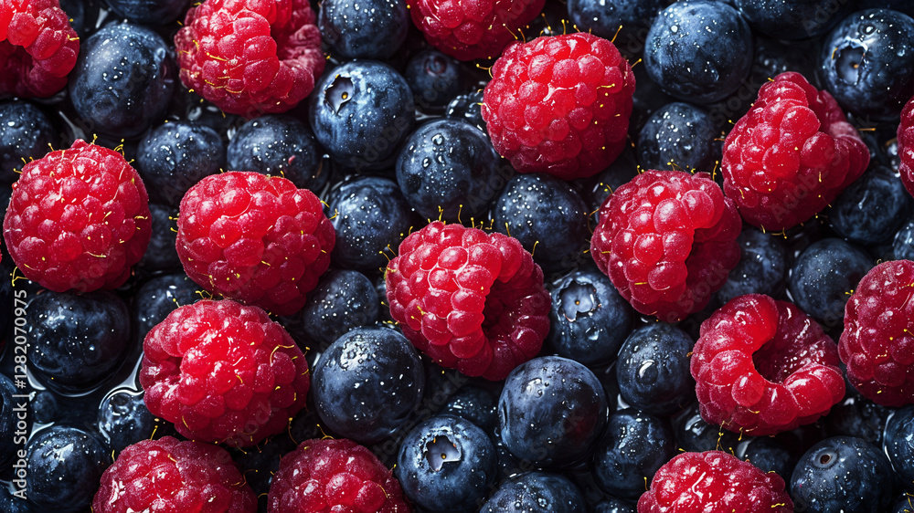 Close-up Natural fresh raspberries and blueberries pattern Close-up Natural fresh raspberries and blueberries pattern