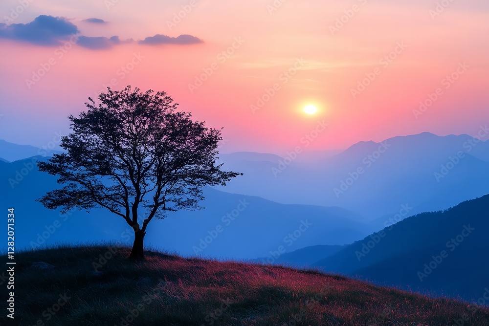 Tranquil Dawn Over Majestic Peaks with Solitary Tree Silhouette Tranquil Dawn Over Majestic Peaks with Solitary Tree Silhouette