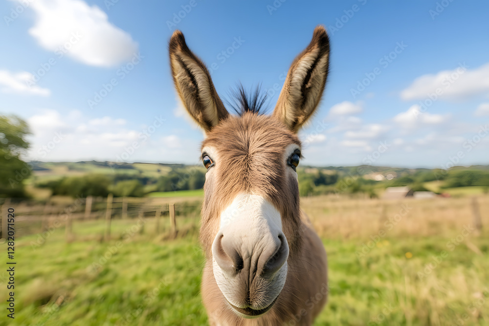 A friendly donkey stares inquisitively. Rural charm meets the camera in a close-up. Sunny skies and green fields complete the pastoral scene. A friendly donkey stares inquisitively. Rural charm meets the camera in a close-up. Sunny skies and green fields complete the pastoral scene.