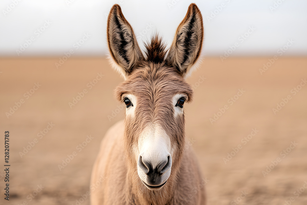 Captivating close-up of a donkey against a blurred background. Its attentive expression and prominent ears are the focal point. Earthy tones, soft light. Captivating close-up of a donkey against a blurred background. Its attentive expression and prominent ears are the focal point. Earthy tones, soft light.