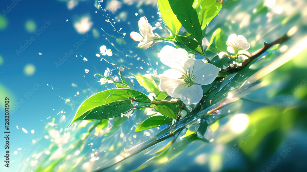Obraz premium Delicate White Blossoms with Water Droplets Against Blue Sky