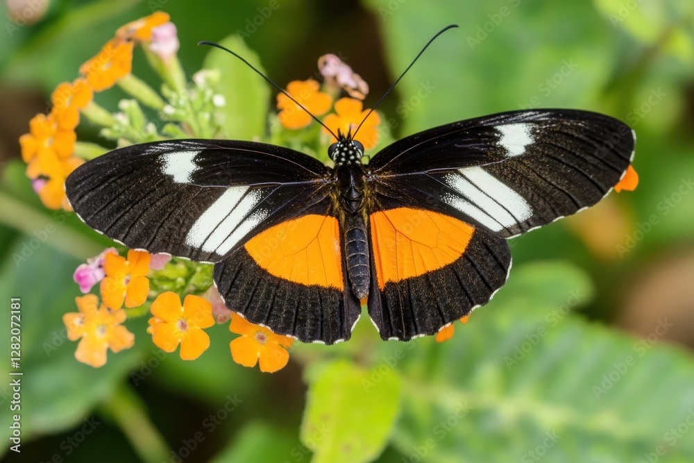 Black and orange butterfly on orange flowers. Black and orange butterfly on orange flowers.