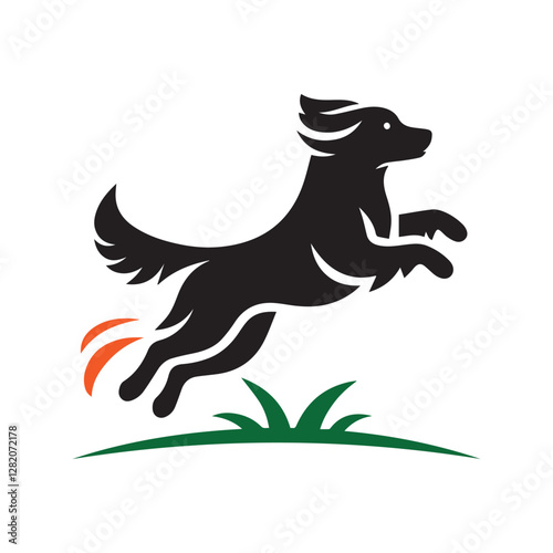 Dynamic Black Dog Leaping Over Grass with Orange Motion Streaks