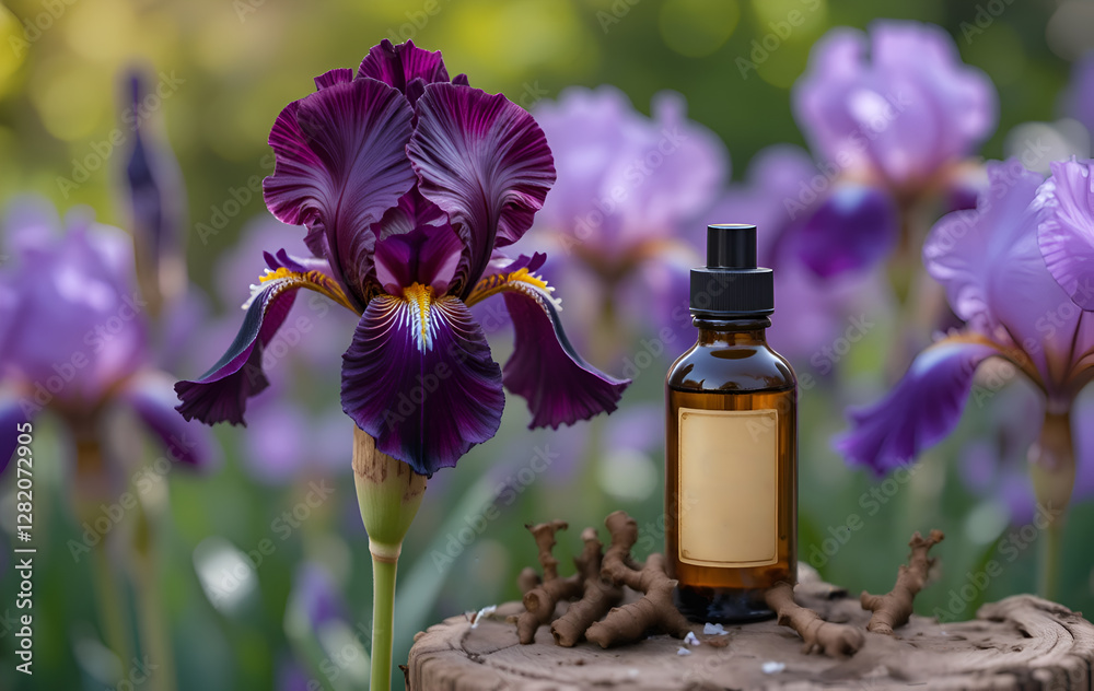 Iris essential oil (Orris) bottles with iris roots against blossoming garden. Ai generated