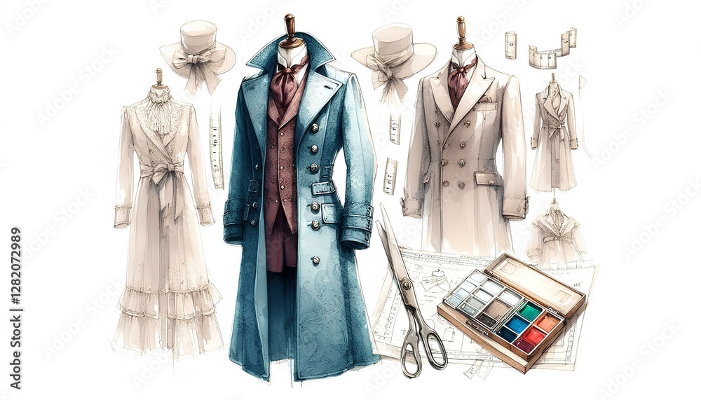 Watercolor illustration of a frock coat on paper, Watercolor illustration of a frock coat on paper,
