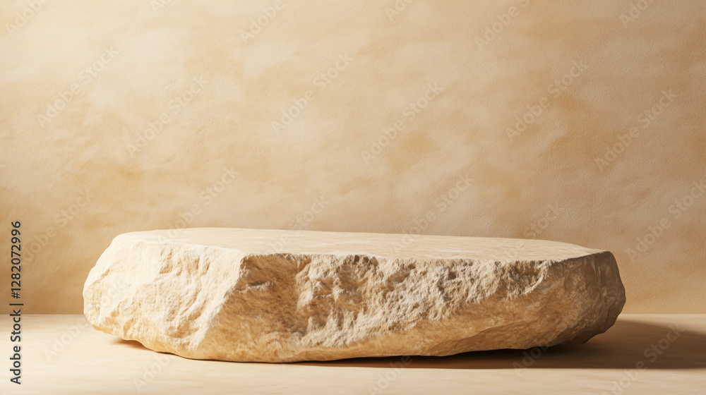 Textured Sandstone Podium with Defined Straight Edges, Positioned Against a Warm Beige Background with Natural Lighting and Subtle Shadows, Creating an Earthy and Elegant Product Presentation Textured Sandstone Podium with Defined Straight Edges, Positioned Against a Warm Beige Background with Natural Lighting and Subtle Shadows, Creating an Earthy and Elegant Product Presentation