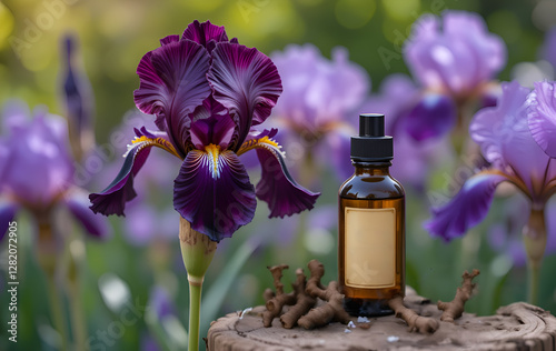 Obraz na płótnie Iris essential oil (Orris) bottles with iris roots against blossoming garden. Ai generated w salonie
