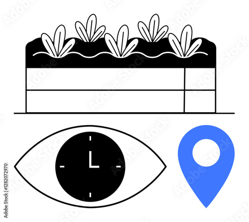 Raised planter bed with plants, clock inside eye symbol, and blue location pin. Ideal for urban farming, sustainability, scheduling, navigation, time management, minimalism and abstract line flat