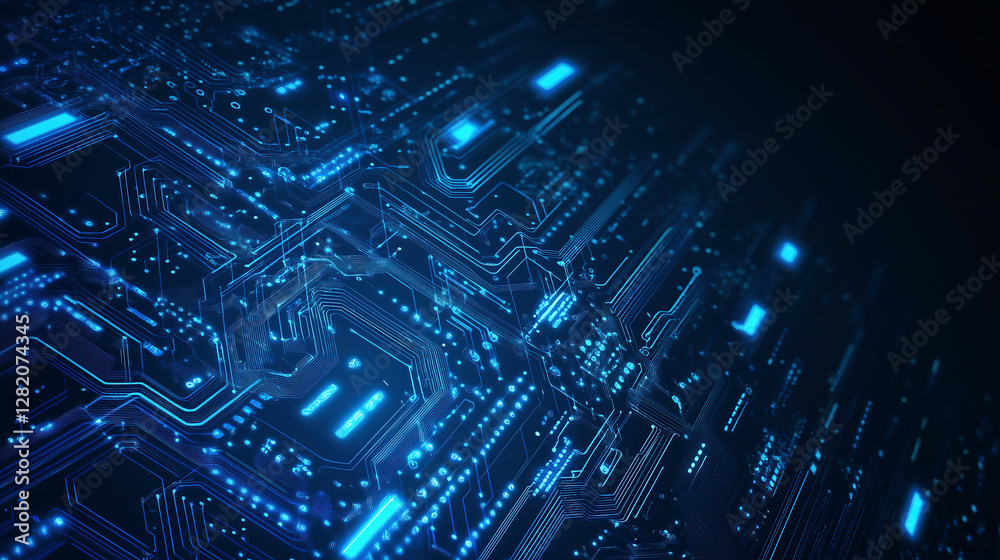 Abstract blue circuit board background with glowing elements, a technology and computer concept. Vector illustration design. Copy space, high quality, black background Abstract blue circuit board background with glowing elements, a technology and computer concept. Vector illustration design. Copy space, high quality, black background