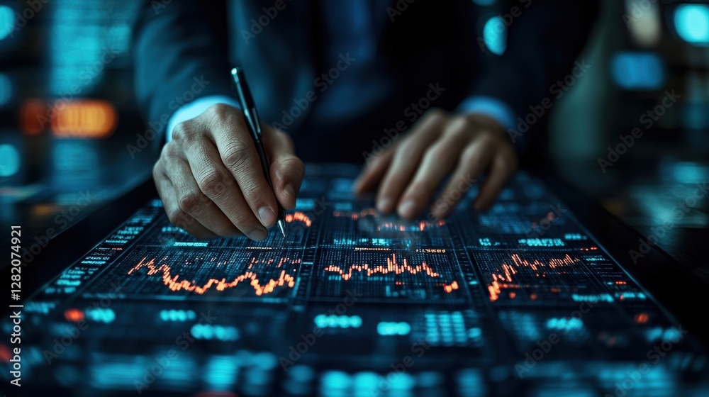 Business professional analyzing financial data on a touchscreen interface in a modern office Business professional analyzing financial data on a touchscreen interface in a modern office