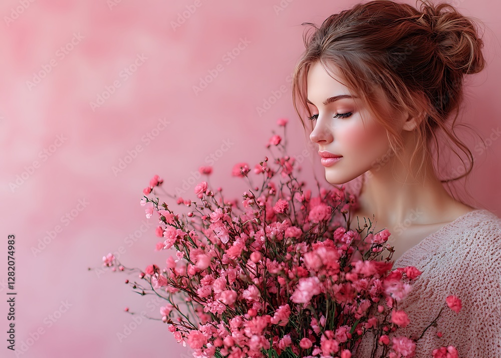 Fototapeta premium Hands Holding a Bouquet of Pink Blossoms Against Soft Pink
