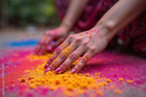 Woman's hands spreading colorful powder during Holi festival celebration
