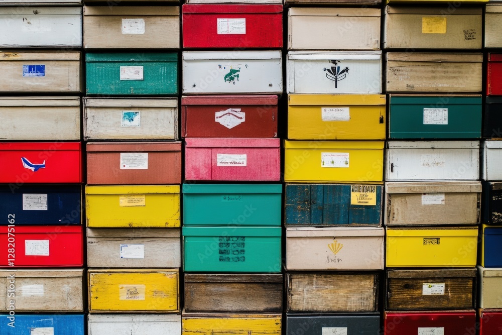 Colorful international shipping boxes stacked in a warehouse setting. Generative AI Colorful international shipping boxes stacked in a warehouse setting. Generative AI