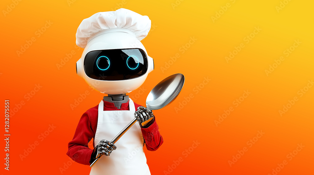 Cute little robot cook with giant spoon and in chef's hat isolated on yellow background.
