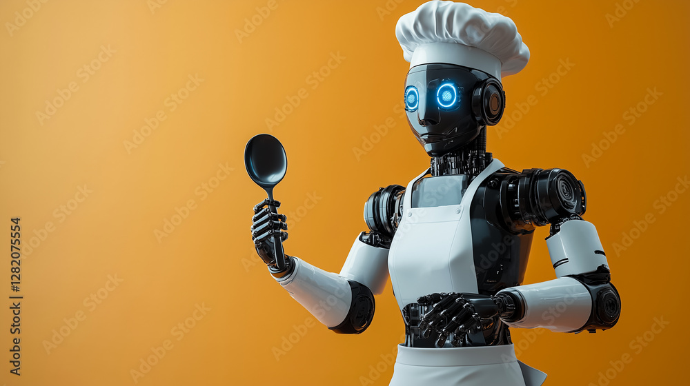 Cyborg with a giant spoon and in chef's hat isolated on yellow background.