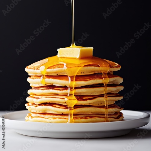 Giant Stack of Pancakes with Butter and Maple Syrup Drizzling