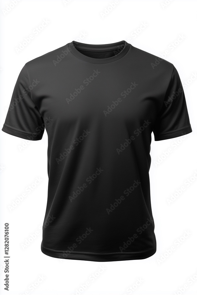 Black round-neck T-shirt mockup, front view, white background Black round-neck T-shirt mockup, front view, white background