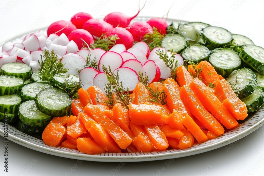 An appetizing vegetable platter with fresh cucumbers, carrots, and radishes artfully arranged with dill, perfect for a healthy and vibrant snack or appetizer. An appetizing vegetable platter with fresh cucumbers, carrots, and radishes artfully arranged with dill, perfect for a healthy and vibrant snack or appetizer.