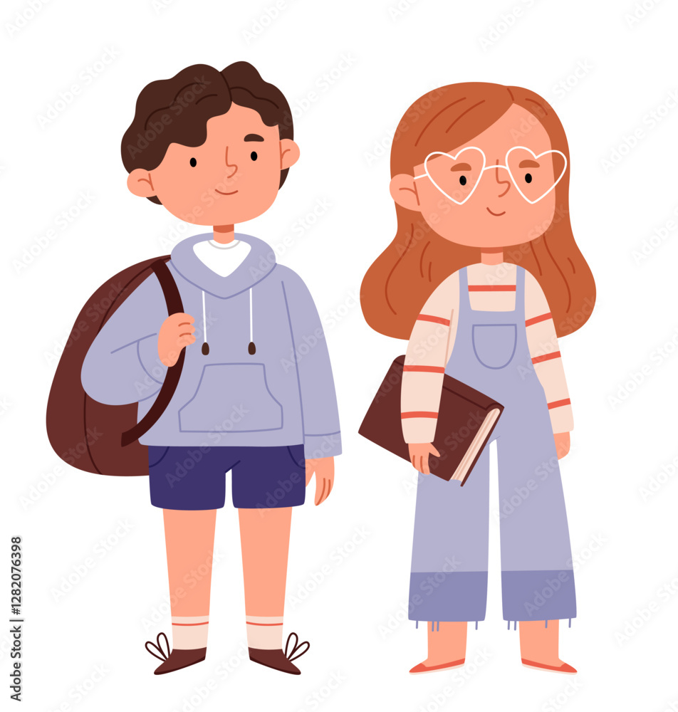 A girl and a boy are schoolchildren or students in a flirtatious style. A girl and a boy are schoolchildren or students in a flirtatious style.