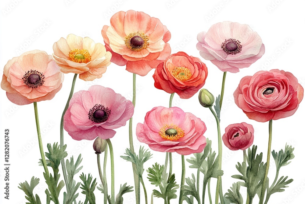 Obraz premium Hand-painted watercolor illustration set featuring ranunculus flowers, elegantly displayed on a white background.