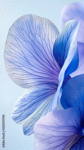Close-up of a delicate, vibrant blue flower petal against a pastel background