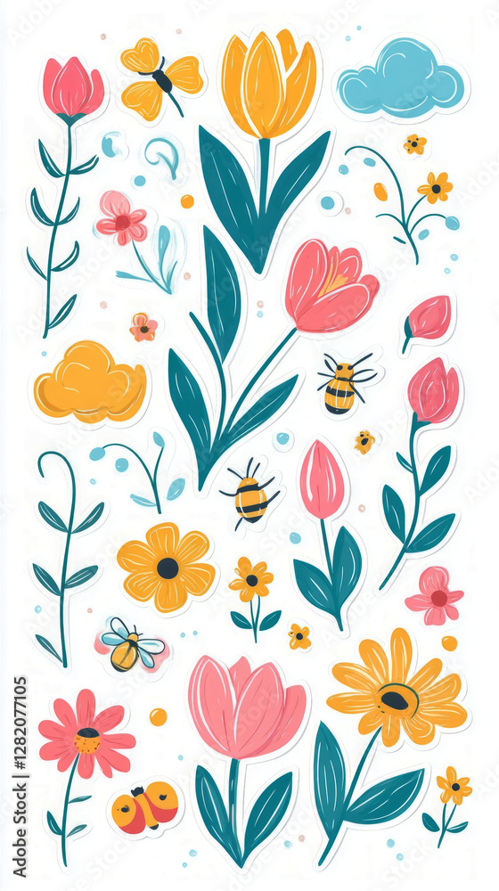 Playful doodles of spring flowers, bees, and clouds, in bright pastel colors and bold outlines, creating a joyful, whimsical vibe Playful doodles of spring flowers, bees, and clouds, in bright pastel colors and bold outlines, creating a joyful, whimsical vibe