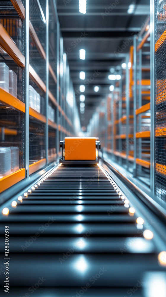 Fototapeta premium Automated robotic conveyors efficiently transporting goods in a modern warehouse, with a futuristic, advanced industrial setup