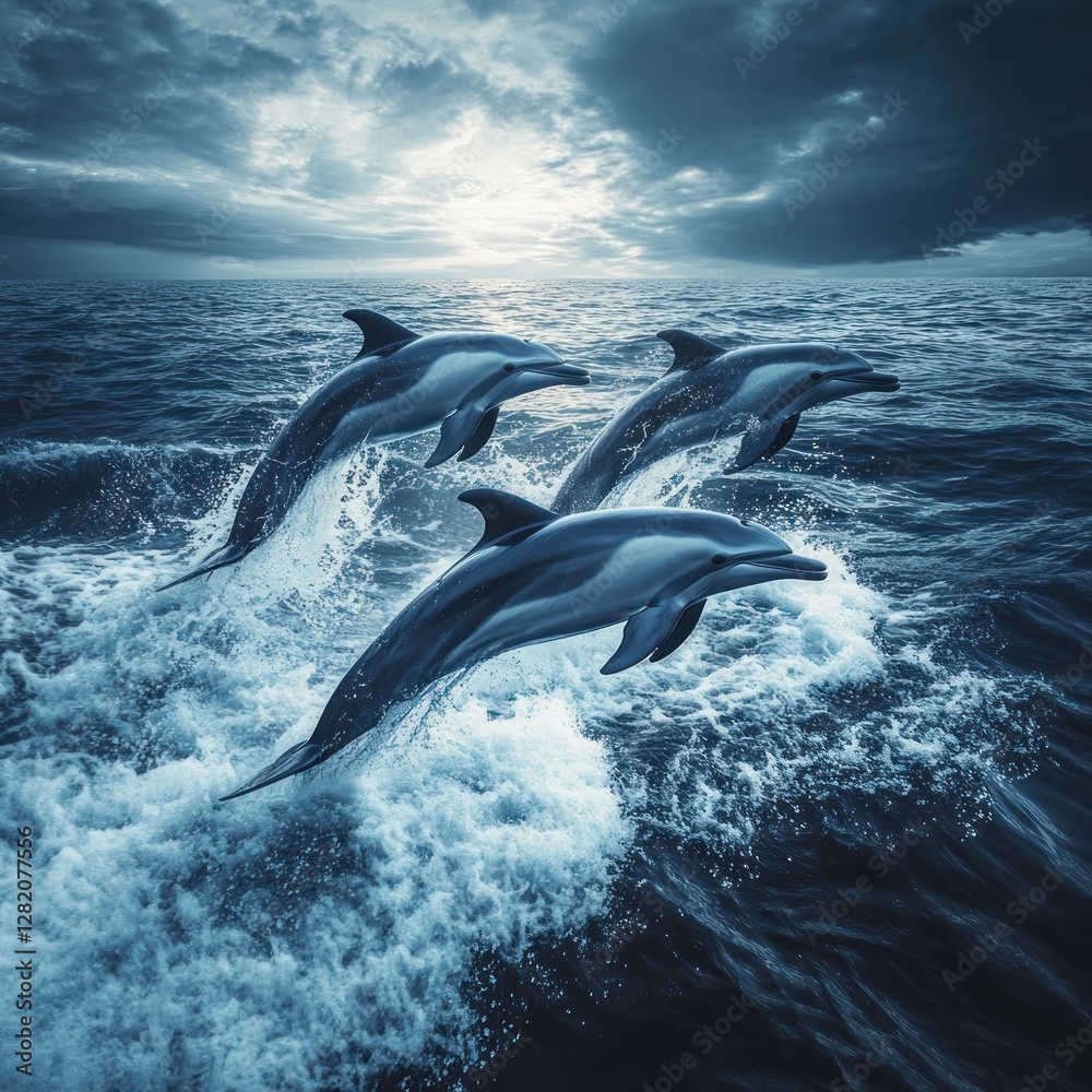 Fototapeta premium Majestic dolphins leaping in ocean sunset