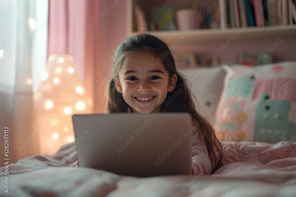 Naklejka premium A smiling girl uses a laptop in her cozy bedroom, enjoying online activities.