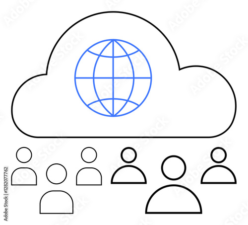 Cloud graphic enclosing globe with blue lines above stylized user icons. Ideal for teamwork, digital connections, network, global reach, data sharing, cloud storage, abstract line flat metaphor