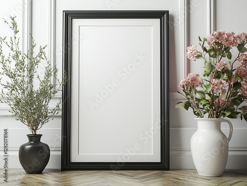 Mockup poster frame on the wall n the living room, art picture, for interior design or real estate decoration luxurious apartment, background.